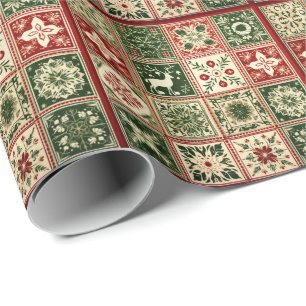 Vintage Red and Green Quilt Squares Christmas Wrapping Paper