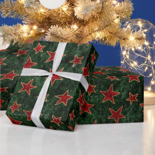 Vintage Red and Green Stars Christmas Velvet Wrapping Paper