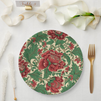 Vintage Red and Green Victorian Floral Wedding Paper Plates