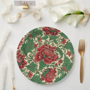 Vintage Red And Green Victorian Floral Wedding Paper Plates by BridalSuite at Zazzle