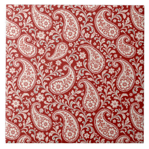 Vintage Red and Ivory Floral Paisley Ceramic Tile