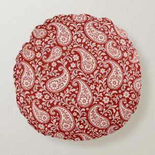 Vintage Red and Ivory Floral Paisley Round Pillow
