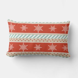 Vintage Red and Mint Stripe Snowflakes Christmas Lumbar Pillow