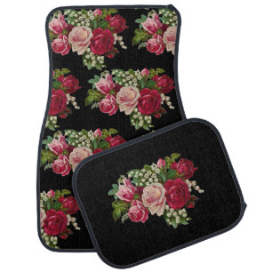 Vintage Red and Pink on Black Rose Pattern Car Floor Mat