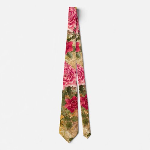 Vintage Red and Pink Roses Floral Neck Tie
