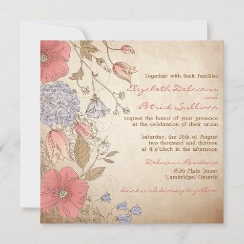 Vintage Red and Purple Flowers Wedding Invitation