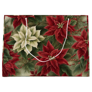 Vintage Red and White Christmas Poinsettia Flowers Large Gift Bag