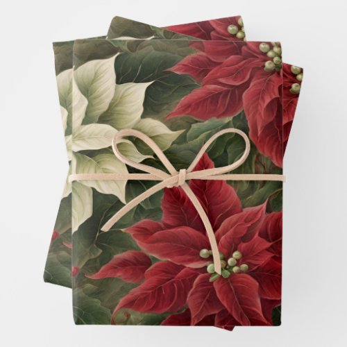Vintage Red and White Christmas Poinsettia Flowers Wrapping Paper Sheets