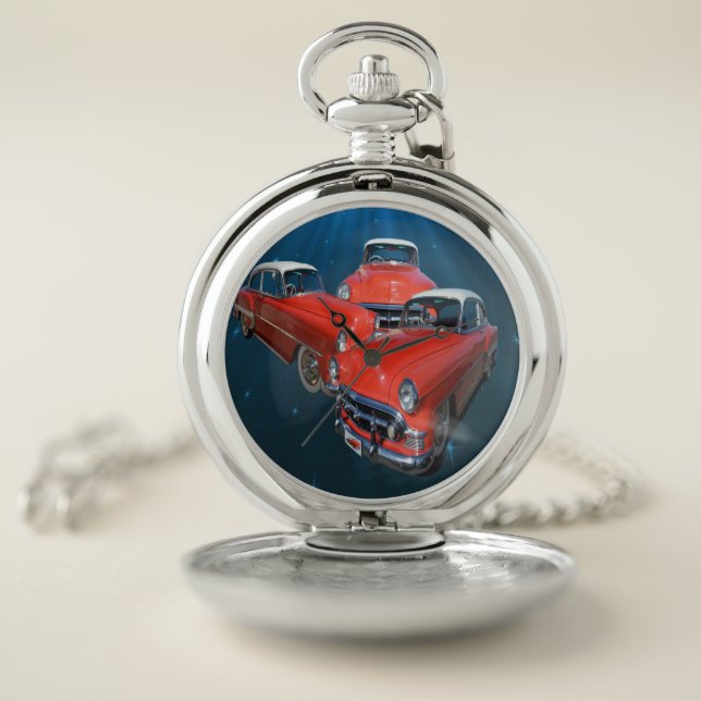 Vintage Red And White Classic Cars, Pocket Watch (Inside)