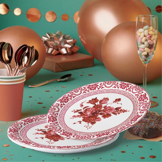 Vintage Red And White Floral  Paper Plates (Multi)