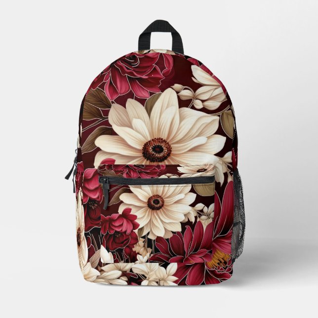 Vintage Red and White Flower Bouquet Printed Backpack (Front)