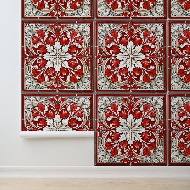 Vintage Red and White Italian Tile Pattern Wallpaper (Application)