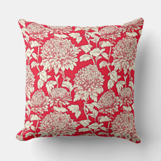 Vintage Red and White Japanese Chrysanthemum Flora Throw Pillow