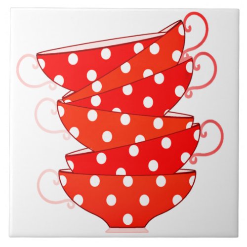 Vintage red and white polka dot teacup whimsical  ceramic tile