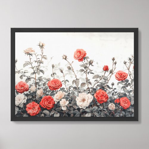 Vintage red and white roses garden wall framed art