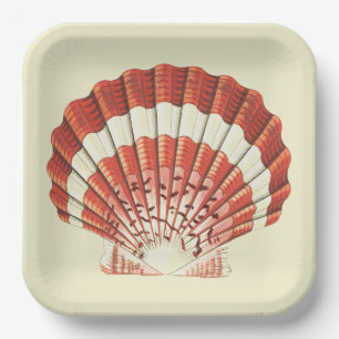 Vintage Red and White Scallop Shell Nautical Art Paper Plates