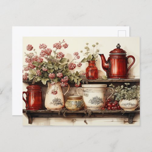 Vintage Red and White Watercolor Country Kitchen  Postcard