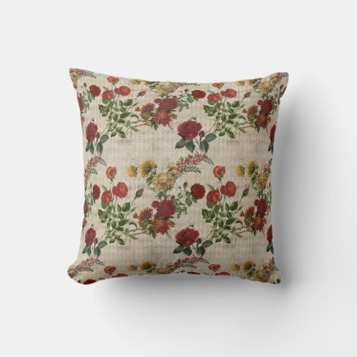 Vintage Red and Yellow Floral Throw Pillow