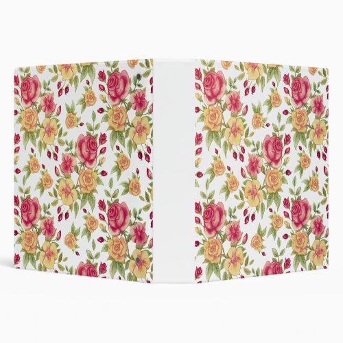 Vintage Red and Yellow Roses and Rose Bud Pattern 3 Ring Binder