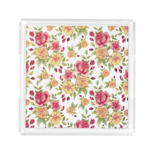 Vintage Red and Yellow Roses and Rose Bud Pattern Acrylic Tray