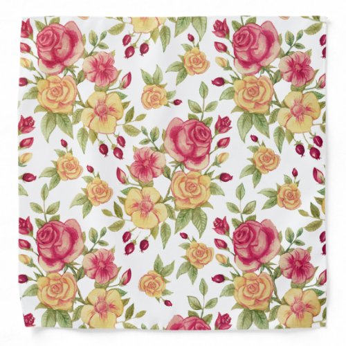 Vintage Red and Yellow Roses and Rose Bud Pattern Bandana