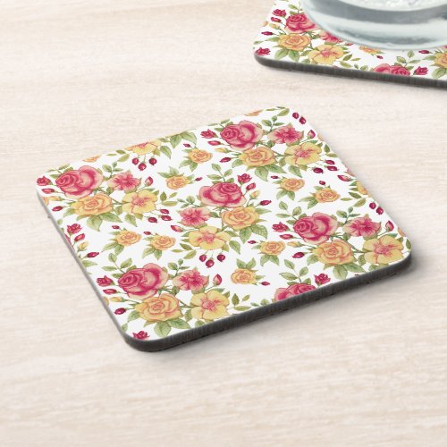 Vintage Red and Yellow Roses and Rose Bud Pattern Beverage Coaster