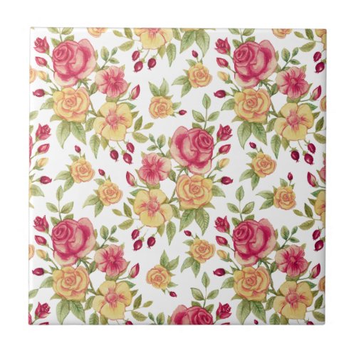 Vintage Red and Yellow Roses and Rose Bud Pattern Ceramic Tile