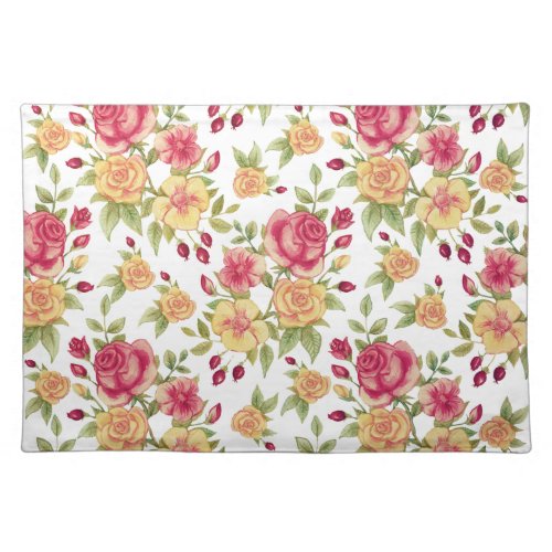 Vintage Red and Yellow Roses and Rose Bud Pattern Cloth Placemat