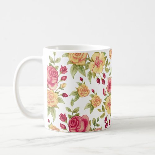 Vintage Red and Yellow Roses and Rose Bud Pattern Coffee Mug
