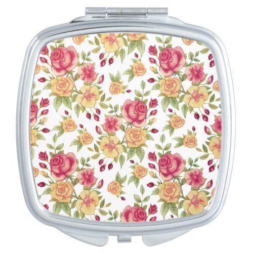 Vintage Red and Yellow Roses and Rose Bud Pattern Compact Mirror