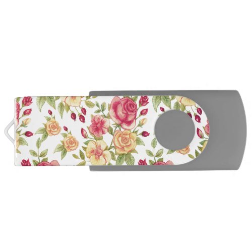 Vintage Red and Yellow Roses and Rose Bud Pattern Flash Drive