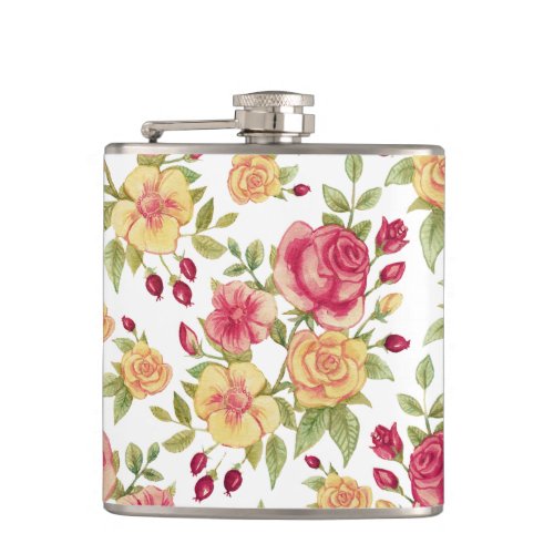 Vintage Red and Yellow Roses and Rose Bud Pattern Flask