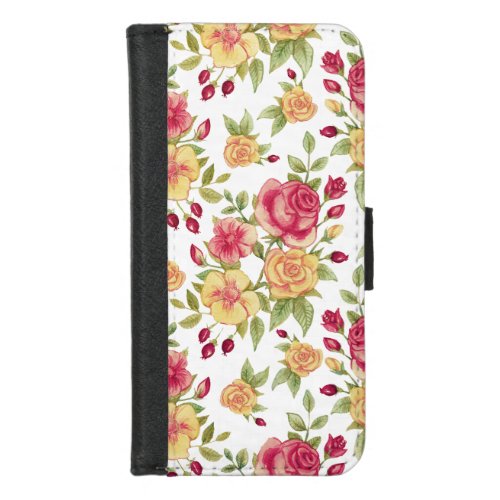 Vintage Red and Yellow Roses and Rose Bud Pattern iPhone 87 Wallet Case