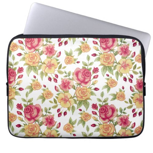 Vintage Red and Yellow Roses and Rose Bud Pattern Laptop Sleeve