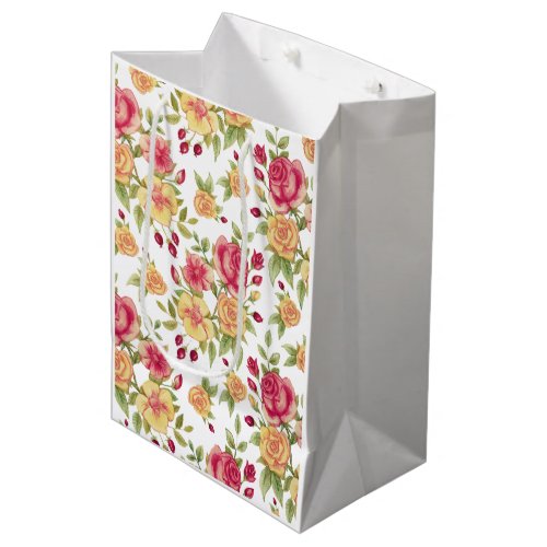 Vintage Red and Yellow Roses and Rose Bud Pattern Medium Gift Bag