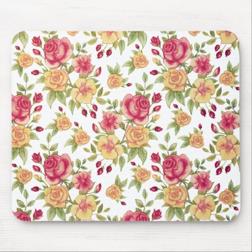 Vintage Red and Yellow Roses and Rose Bud Pattern Mouse Pad