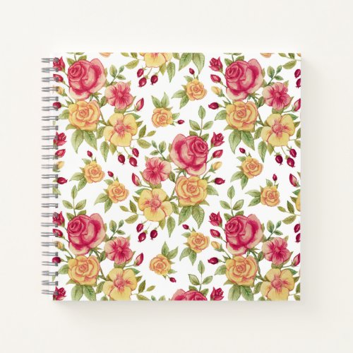 Vintage Red and Yellow Roses and Rose Bud Pattern Notebook