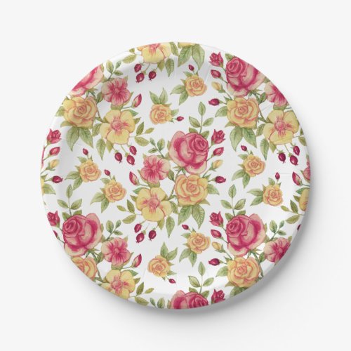 Vintage Red and Yellow Roses and Rose Bud Pattern Paper Plates