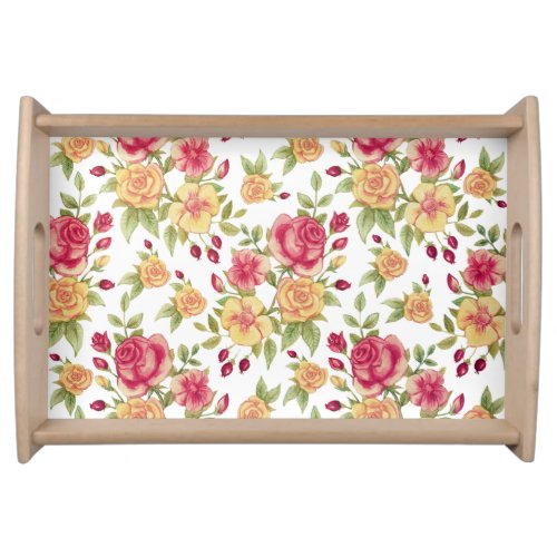 Vintage Red and Yellow Roses and Rose Bud Pattern Serving Tray
