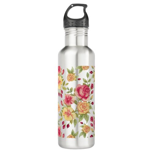 Vintage Red and Yellow Roses and Rose Bud Pattern Stainless Steel Water Bottle