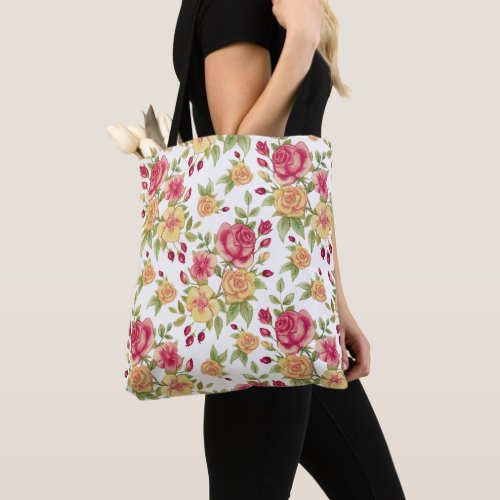 Vintage Red and Yellow Roses and Rose Bud Pattern Tote Bag