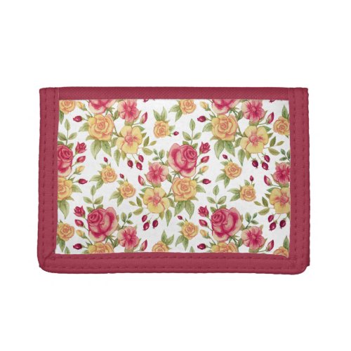 Vintage Red and Yellow Roses and Rose Bud Pattern Trifold Wallet