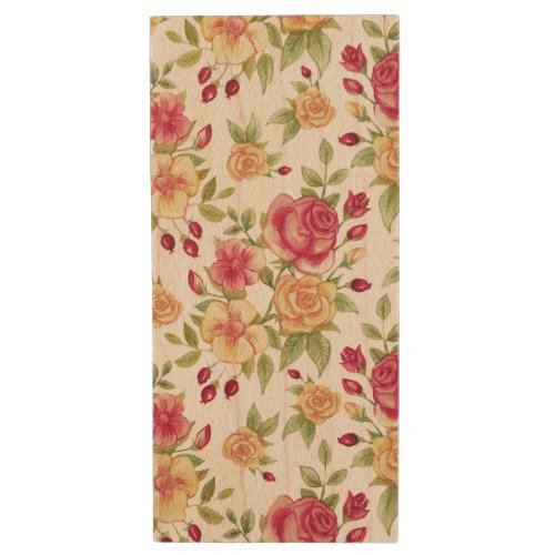 Vintage Red and Yellow Roses and Rose Bud Pattern Wood Flash Drive