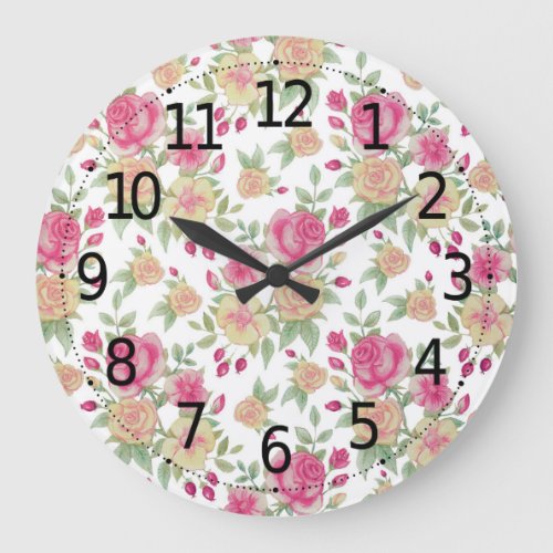 Vintage Red and Yellow Roses Watercolor Pattern  Large Clock