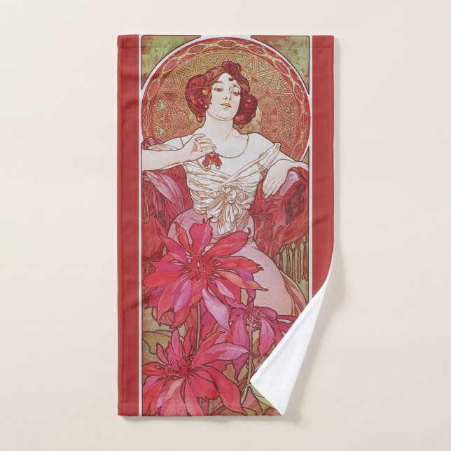 Vintage Red Art Nouveau Alphonse Mucha Ruby Lady Hand Towel (Hand Towel)