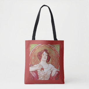 Vintage Red Art Nouveau Alphonse Mucha Ruby Lady Tote Bag
