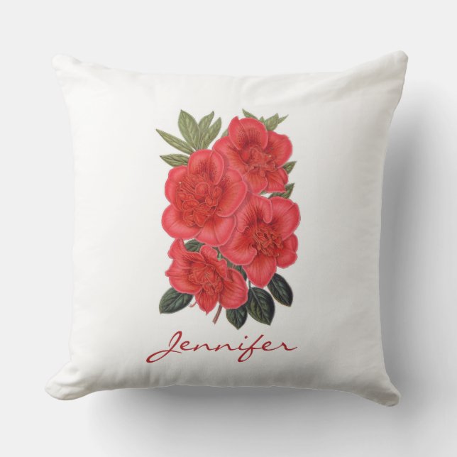 Vintage Red Azalea Indica Floral Pillow (Front)