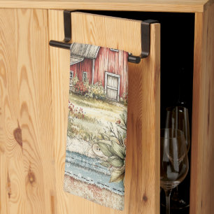 Vintage Red Barn and Farm Scene Pattern Kitchen Towel