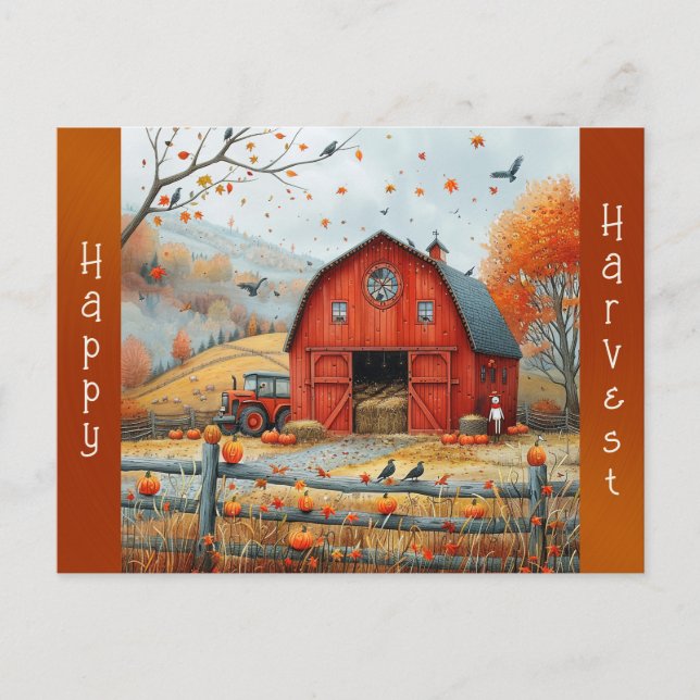 Vintage Red Barn Autumn Illustration Holiday Postcard (Front)