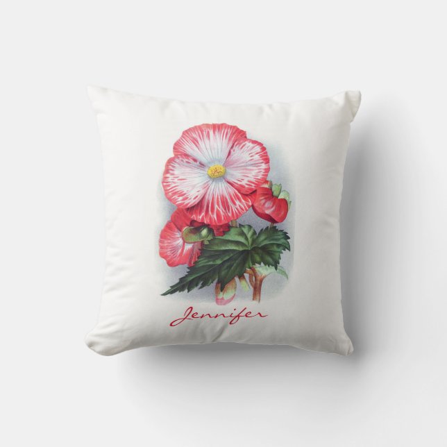Vintage Red Begonia Floral Pillow (Front)